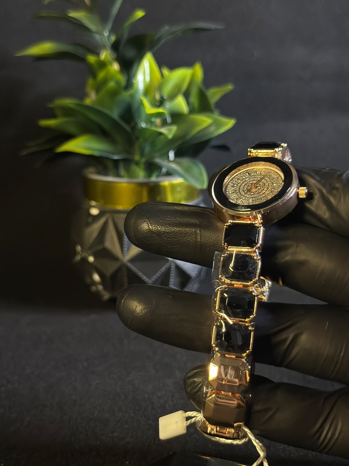 Luxury Rose Gold & Black Gemstone Bracelet Watch for Women